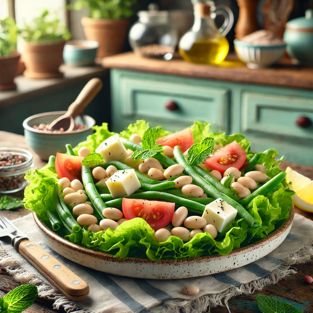 Een kleurrijke en verse bonensalade, geserveerd op een rustiek keramisch bord. De salade bevat sperziebonen, witte bonen, tomaatstukjes, Deense kaasblokjes en muntblaadjes op een bed van knapperige kropsla. Een lichte dressing van citroen en olie glinstert over de ingrediënten. De setting toont een rustieke houten tafel in een gezellige keuken met pastelgroene en blauwe kastjes, zacht natuurlijk licht en details zoals een schijfje citroen, een klein potje dressing en rustieke keukengerei.