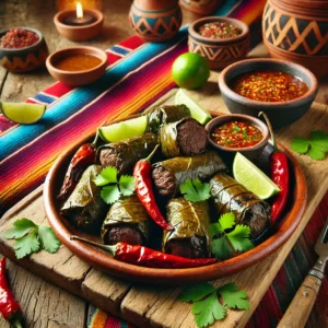 Een Mexicaans geïnspireerde presentatie van Bo La Lot, gegrild rundvlees gewikkeld in druivenbladeren, geserveerd op een rustieke aardewerken schaal. De rolletjes zijn perfect gegrild en gegarneerd met verse koriander, limoenpartjes en kleurrijke chilipepers. Naast de rolletjes staat een klein kommetje met dipsaus. De tafel is versierd met levendige Mexicaanse textielpatronen, houten elementen en warm sfeervol licht, wat zorgt voor een uitnodigende eetervaring. 🌿🌶️✨