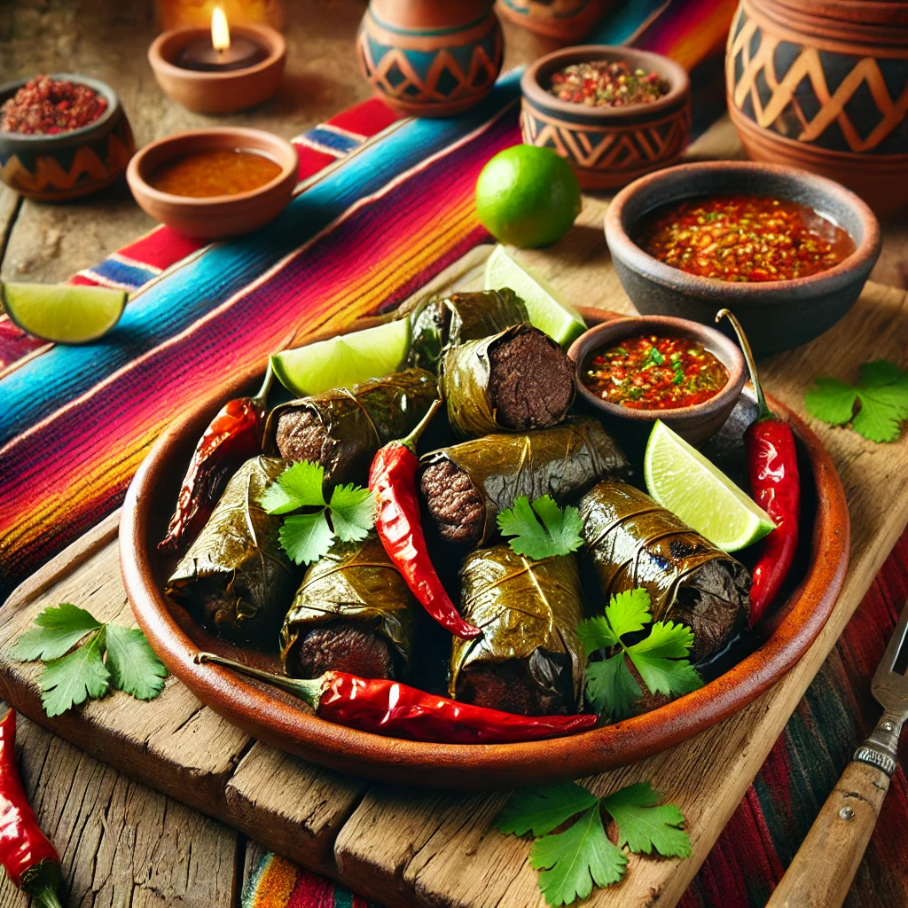 Een Mexicaans geïnspireerde presentatie van Bo La Lot, gegrild rundvlees gewikkeld in druivenbladeren, geserveerd op een rustieke aardewerken schaal. De rolletjes zijn perfect gegrild en gegarneerd met verse koriander, limoenpartjes en kleurrijke chilipepers. Naast de rolletjes staat een klein kommetje met dipsaus. De tafel is versierd met levendige Mexicaanse textielpatronen, houten elementen en warm sfeervol licht, wat zorgt voor een uitnodigende eetervaring. 🌿🌶️✨