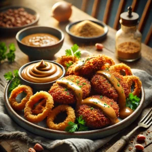 Krokant gebakken berenklauwen met romige pindasaus, gegarneerd met peterselie en gehakte pinda’s, geserveerd met extra pindasaus op een rustieke houten tafel.