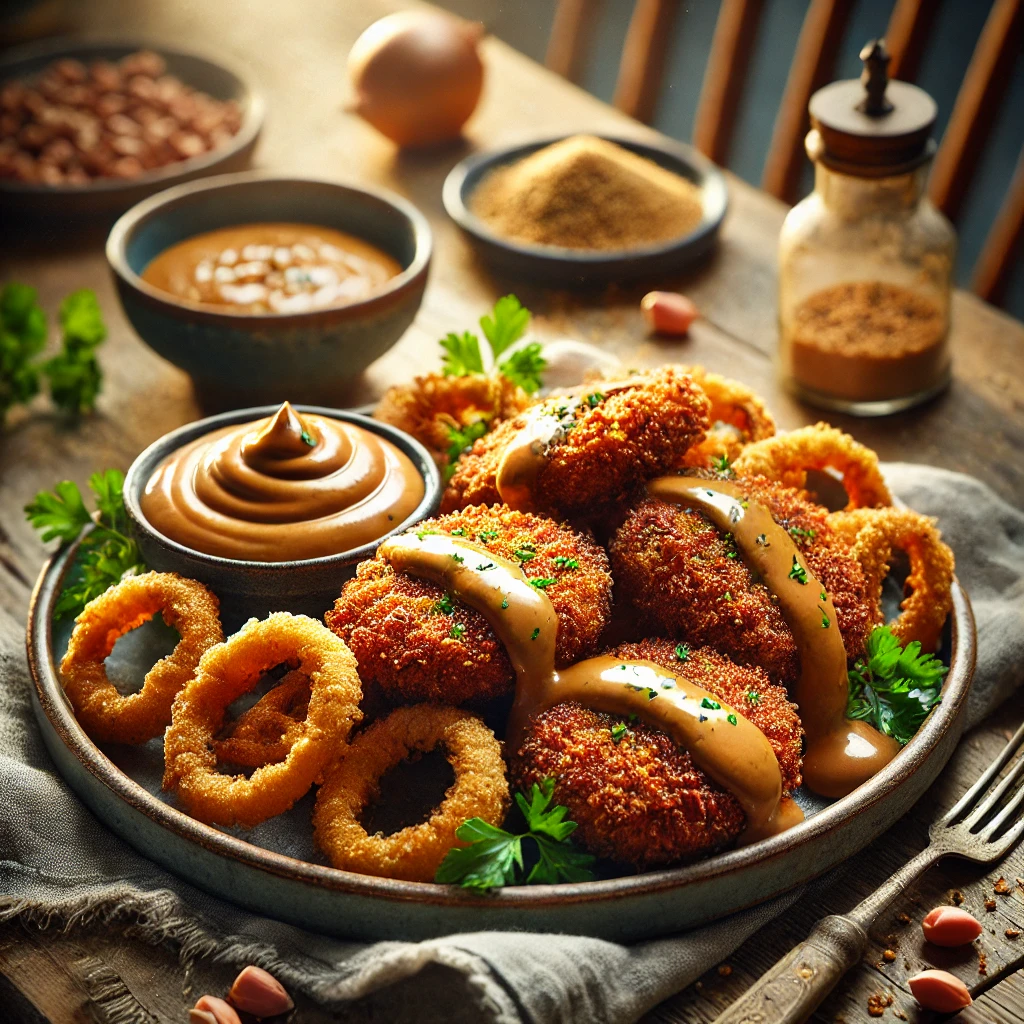 Krokant gebakken berenklauwen met romige pindasaus, gegarneerd met peterselie en gehakte pinda’s, geserveerd met extra pindasaus op een rustieke houten tafel.