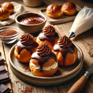 Een rustieke houten tafel met versgemaakte Bossche Bollen, gevuld met slagroom en bedekt met een dikke, glanzende laag chocolade. Ernaast liggen een kom gesmolten chocolade, een spuitzak met slagroom en een vleugje cacaopoeder.