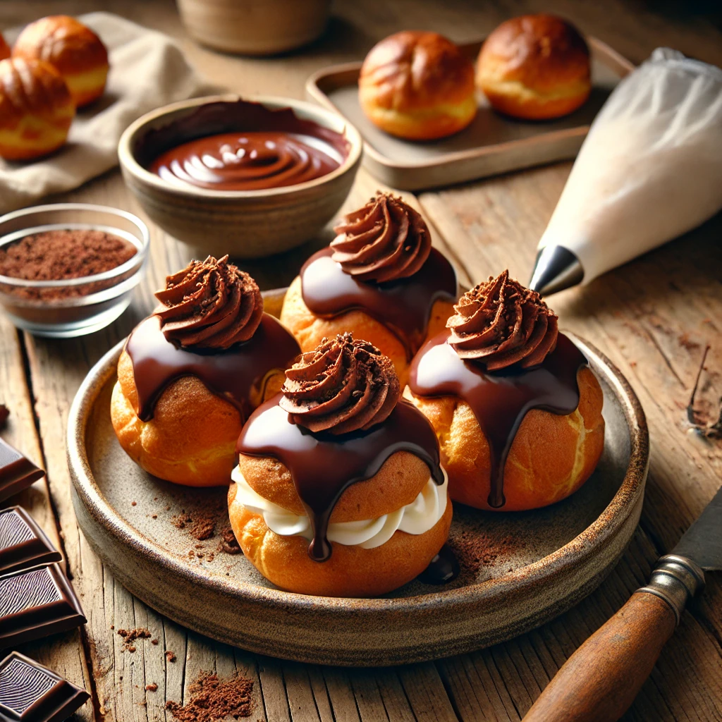 Een rustieke houten tafel met versgemaakte Bossche Bollen, gevuld met slagroom en bedekt met een dikke, glanzende laag chocolade. Ernaast liggen een kom gesmolten chocolade, een spuitzak met slagroom en een vleugje cacaopoeder.