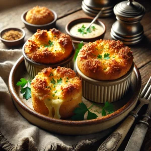 Zelfgemaakte kaassoufflés met een krokant paneerlaagje, geserveerd op een rustieke houten tafel met verse peterselie en een schaaltje dipsaus.