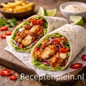 Zelfgemaakte sweet & spicy kip twister wrap, doorgesneden en gevuld met krokante kip, sla en groenten, geserveerd op een rustieke houten tafel met rode peper, limoenpartjes, sesamzaad en een linnen doek bij warm natuurlijk licht.