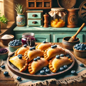 Een warme en gezellige foto van goudbruine bosbessenpirogs, gevuld met bosbessen, hüttenkäse en ananasstukjes. De pirogs liggen op een rustieke houten schaal en zijn licht bestrooid met suiker, wat zorgt voor een glanzend effect. De setting toont een vintage keuken met houten werkbladen, pastelgroene en blauwe kastjes, en zacht natuurlijk licht dat door een raam valt. Details zoals verse bosbessen, een kommetje met de vulling en rustieke keukengerei versterken de uitnodigende en huiselijke sfeer.