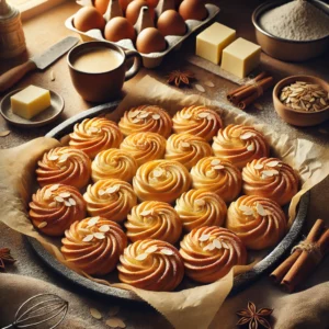 Een gezellige en uitnodigende keuken met versgebakken boterbloempjes, gerangschikt in een cirkel op een bakplaat. De gebakjes zijn goudbruin, bestrooid met amandelschaafsel en tonen een subtiele vulling in een decoratief patroon. Op de achtergrond liggen ingrediënten zoals bloem, boter en kaneel op het aanrecht, samen met een kop koffie of thee, wat zorgt voor een warme en huiselijke sfeer die perfect is voor het genieten van deze lekkernijen.