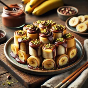 Een speelse en zoete variatie op sushi, gemaakt van dunne pannenkoekjes gevuld met verse banaan en royaal besmeerd met Nutella. De rolletjes zijn in kleine stukjes gesneden en prachtig gedecoreerd met een drizzle van gesmolten chocolade en een topping van gehakte pistachenoten. Op de achtergrond liggen extra bananen, een kommetje Nutella en een schaaltje pistachenoten op een houten snijplank. De warme, natuurlijke belichting benadrukt de romige, knapperige en zoete texturen van deze heerlijke traktatie.