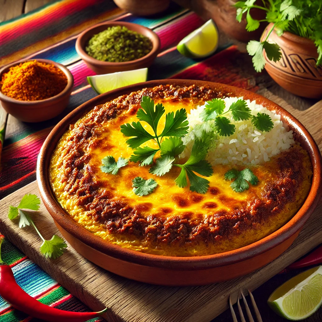 Een Mexicaans geïnspireerde presentatie van Bobotie, geserveerd in een rustieke aardewerken schaal op een houten tafel. De goudbruine, gekruide gehaktschotel is bedekt met een romige eierlaag en gegarneerd met verse koriander, partjes limoen en plakjes chilipeper. Naast de schaal staat een kommetje witte rijst. De setting is omlijst met kleurrijke Mexicaanse textielpatronen, houten elementen en warm sfeervol licht, wat zorgt voor een uitnodigende en feestelijke uitstraling. 🌶️🍋✨