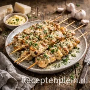 Hyper-realistische foodfoto van goudbruin gegrilde knoflook-Parmezaan kippenspiesjes met gesmolten boter en geraspte kaas, geserveerd op een rustiek bord op een houten tafel met knoflook, Parmezaanse kaas en een schaaltje saus in warm natuurlijk licht.