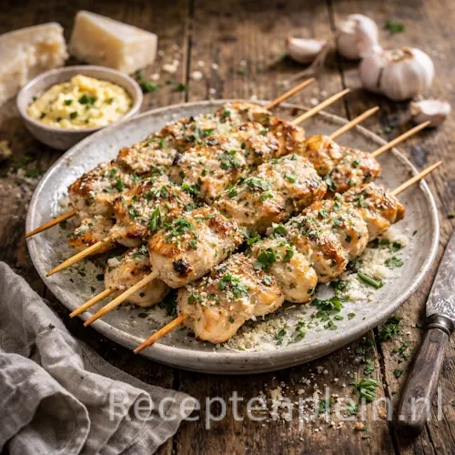 Hyper-realistische foodfoto van goudbruin gegrilde knoflook-Parmezaan kippenspiesjes met gesmolten boter en geraspte kaas, geserveerd op een rustiek bord op een houten tafel met knoflook, Parmezaanse kaas en een schaaltje saus in warm natuurlijk licht.