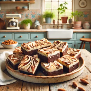 Een rustieke presentatie van amandelroomkaas brownies met een gemarmerde bovenkant, geserveerd op een keramisch bord op een houten tafel. Op de achtergrond een vintage keuken met pastelgekleurde tegels en kruidenplanten op de vensterbank, verlicht door natuurlijk daglicht.