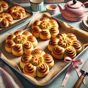 Een bakplaat met versgebakken bloemvormige broodjes, goudbruin en mooi gerezen, met een lint door het midden van elk broodje. De setting is een gezellige vintage keuken met pastelkleuren en retro-accenten, verlicht door zacht natuurlijk licht dat de bloemvormen en luchtige textuur benadrukt.