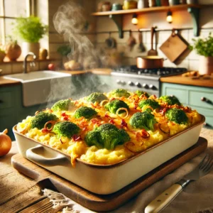 Een warme en smakelijke foto van een ovenschotel met broccoli, aardappelpuree, uitgebakken spekjes, ui en een romige kaassaus, afgedekt met gesmolten emmentaler kaas. Het gerecht wordt gepresenteerd in een rustieke ovenschaal op een houten tafel in een gezellige, moderne keuken met zachte verlichting en verse kruiden als decor. De goudbruine kaaskorst is goed zichtbaar, en er stijgt damp op, wat het gerecht vers uit de oven laat lijken.