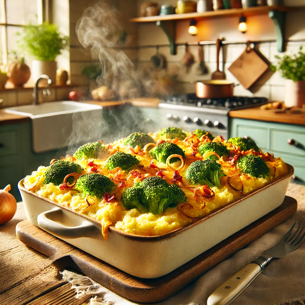 Een warme en smakelijke foto van een ovenschotel met broccoli, aardappelpuree, uitgebakken spekjes, ui en een romige kaassaus, afgedekt met gesmolten emmentaler kaas. Het gerecht wordt gepresenteerd in een rustieke ovenschaal op een houten tafel in een gezellige, moderne keuken met zachte verlichting en verse kruiden als decor. De goudbruine kaaskorst is goed zichtbaar, en er stijgt damp op, wat het gerecht vers uit de oven laat lijken.