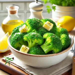 Een frisse en kleurrijke foto van gestoomde broccoli met gesmolten boter en citroensap, geserveerd in een eenvoudige witte schaal. De broccoli is helder groen, glanzend van de boter, en bestrooid met versgemalen peper. Het gerecht staat op een houten tafel met een schijfje citroen en verse kruiden als decoratie. De keuken op de achtergrond is licht en luchtig met pastelkleuren en natuurlijk licht, wat een frisse en eenvoudige kookstijl uitstraalt.