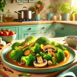 Een kleurrijke en moderne foto van broccoli met champignons in een licht gekruide saus, geserveerd op een kleurrijk bord in een vrolijke, eigentijdse keuken met houten aanrecht, pastelkleuren en groene planten op de achtergrond. Het gerecht is gegarneerd met verse kruiden, en damp stijgt op voor een warme en smakelijke uitstraling.