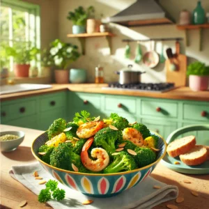 Een moderne en kleurrijke foto van een gerecht met broccoli en garnalen, geroerbakt met kerriepoeder en gegarneerd met geroosterde amandelschilfers en peterselie. Het gerecht wordt geserveerd in een kleurrijke schaal op een houten aanrecht in een vrolijke keuken met pastelkleuren, groene planten en natuurlijk zonlicht. Aan de zijkant liggen sneetjes knapperig stokbrood.