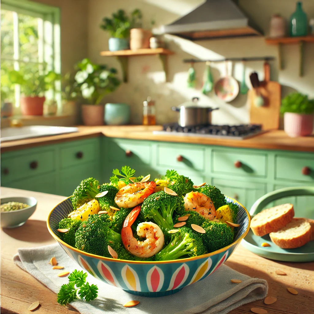 Een moderne en kleurrijke foto van een gerecht met broccoli en garnalen, geroerbakt met kerriepoeder en gegarneerd met geroosterde amandelschilfers en peterselie. Het gerecht wordt geserveerd in een kleurrijke schaal op een houten aanrecht in een vrolijke keuken met pastelkleuren, groene planten en natuurlijk zonlicht. Aan de zijkant liggen sneetjes knapperig stokbrood.