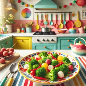 Een kleurrijk gerecht van broccoli, lychees en paprika in een lichte saus, geserveerd op een vrolijk bord in een moderne keuken met heldere kleuren en een warme uitstraling.