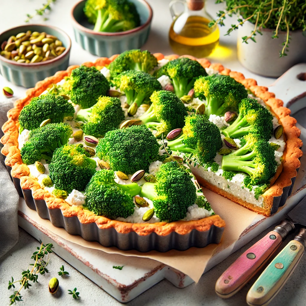 Broccolitaart met Geitenkaas en Pistachenoten Porties: 4 personen Deel dit recept via E-mail Deel op Facebook Recept afdrukken Ingrediënten ▢500 g broccoli ▢Zout ▢Peper ▢100 g gezouten pistachenoten ▢150 g zachte geitenkaas ▢4 eieren ▢⅛ l slagroom ▢2 theelepels tijm ▢1 blikje croissantdeeg of zandtaartdeeg uit de diepvries Instructies Verwarm de oven voor op 200º C. Snijd de broccoli in kleine roosjes en kook ze in ruim kokend water in 5 minuten beetgaar. Spoel de broccoliroosjes af onder koud stromend water in een vergiet. Pel de pistachenoten en verkruimel de geitenkaas. Klop de eieren los met de slagroom, tijm, peper en zout. Roer de geitenkaas en de pistachenoten door het eimengsel. Vet een lage taartvorm (doorsnede 24 cm) in en bekleed de vorm met het deeg. Leg de broccoliroosjes in de vorm en schenk het eimengsel over de broccoli. Bak de taart in het midden van de oven in ongeveer 30 minuten goudbruin en gaar. Notities / Tips / Wijnadvies Let op bij een koemelkallergie dat er zuivere geitenkaas wordt gebruikt. Geniet van deze smaakvolle en vegetarische broccolitaart met de heerlijke toevoeging van geitenkaas en pistachenoten!