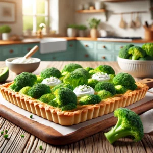 Een versgebakken rechthoekige broccolitaart met een goudbruine korst, belegd met heldergroene broccoli-roosjes en romige witte roomkaas. De taart staat op een rustieke houten ondergrond in een lichte, moderne keuken met zachte pastelkleuren. Op de achtergrond zijn verse broccoliroosjes en een schaaltje roomkaas te zien, wat een warme en uitnodigende sfeer creëert.