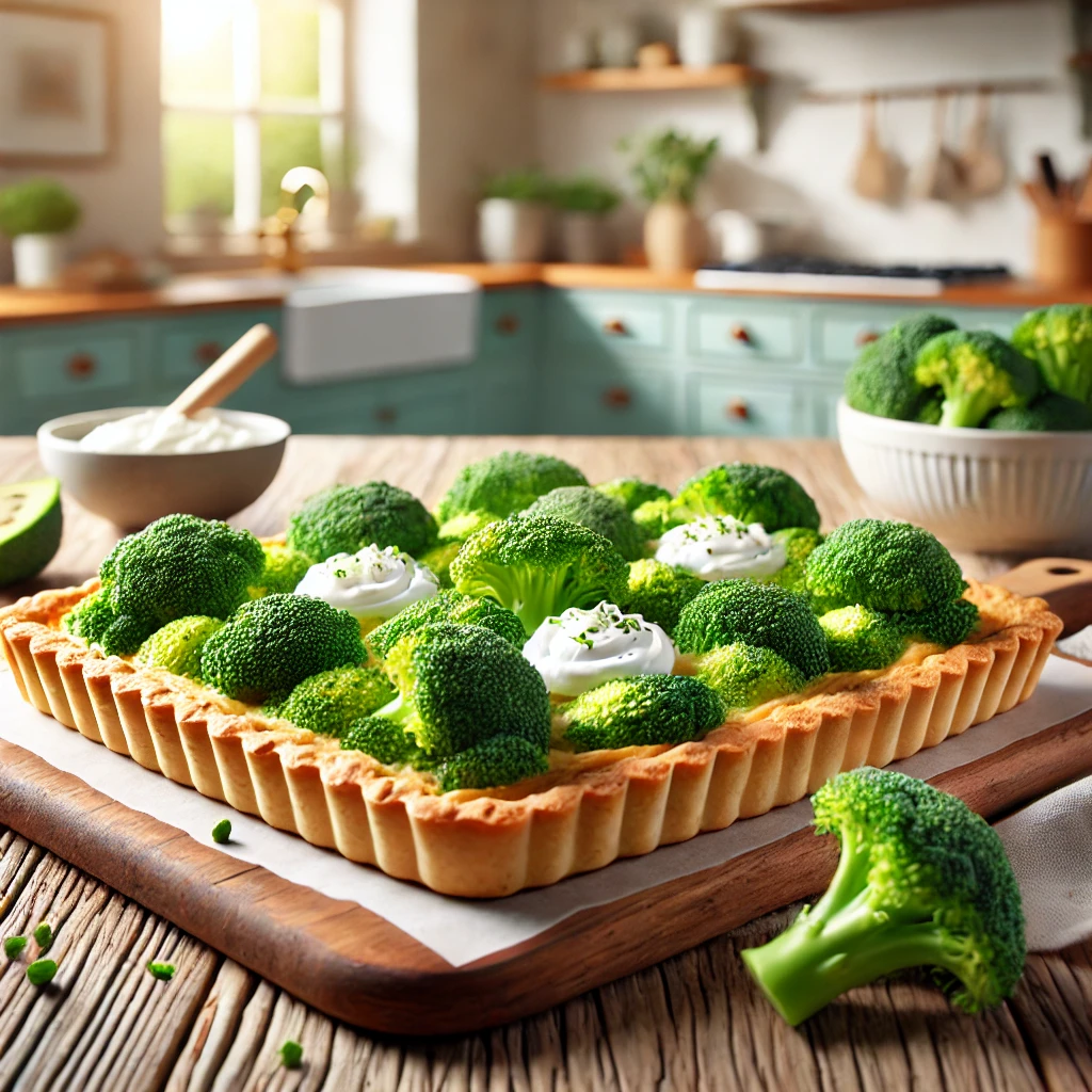 Een versgebakken rechthoekige broccolitaart met een goudbruine korst, belegd met heldergroene broccoli-roosjes en romige witte roomkaas. De taart staat op een rustieke houten ondergrond in een lichte, moderne keuken met zachte pastelkleuren. Op de achtergrond zijn verse broccoliroosjes en een schaaltje roomkaas te zien, wat een warme en uitnodigende sfeer creëert.
