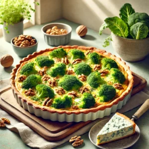 Een prachtige vegetarische broccolitaart met walnoten en gorgonzola, gebakken tot een goudbruine perfectie. De taart staat op een rustieke houten plank in een lichte, moderne keuken met pasteltinten. Op de achtergrond zijn verse broccoli, walnoten en een kommetje romige gorgonzola te zien, samen met potten met verse kruiden en warm invallend zonlicht.