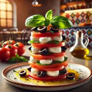 Caprese torentjes met tomaat, mozzarella, olijven en basilicum, licht gegrild in mediterrane keuken.