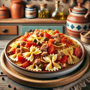 Mediterrane tonijnpasta met farfalle en kappertjes in warme, mediterrane keuken.