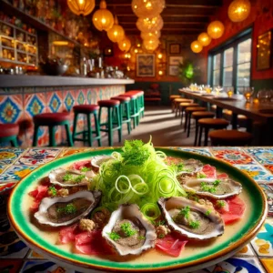 Carpaccio met prei, oesters en truffelvinaigrette, geserveerd op kleurrijk Mexicaans bord in sfeervolle keuken.