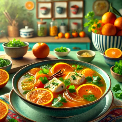 Carperinia, een Filippijnse soep met sinaasappel, geserveerd in een kom met een rijke bouillon, stukken vis, groenten en gegarneerd met sinaasappelschijfjes en verse koriander, in een moderne keuken met kleurrijke accenten.