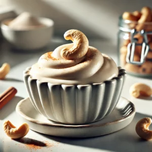 Cashewnotenroom in een klein elegant schaaltje, met een romige, licht beige kleur, gegarneerd met hele cashewnoten en een vleugje kaneel, in een minimalistische keuken met zachte, natuurlijke verlichting.