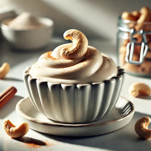 Cashewnotenroom in een klein elegant schaaltje, met een romige, licht beige kleur, gegarneerd met hele cashewnoten en een vleugje kaneel, in een minimalistische keuken met zachte, natuurlijke verlichting.