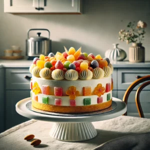 Cassata taart met lagen ricotta, gekonfijt fruit en cake, bedekt met marsepein en gegarneerd met kleurrijke gekonfijte vruchten en amandelen, gepresenteerd op een simpele taartstandaard in een lichte, moderne keuken