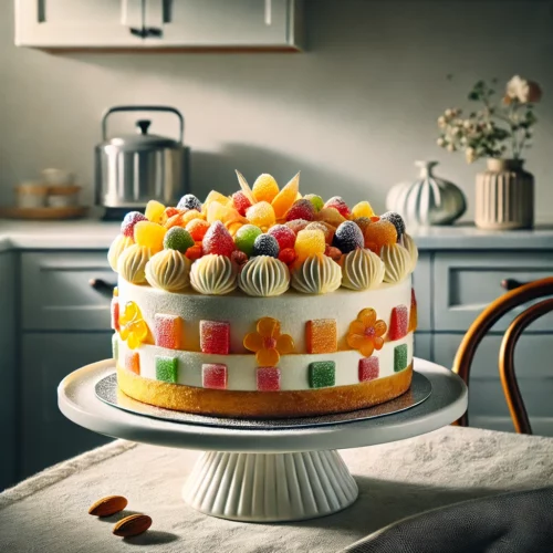 Cassata taart met lagen ricotta, gekonfijt fruit en cake, bedekt met marsepein en gegarneerd met kleurrijke gekonfijte vruchten en amandelen, gepresenteerd op een simpele taartstandaard in een lichte, moderne keuken