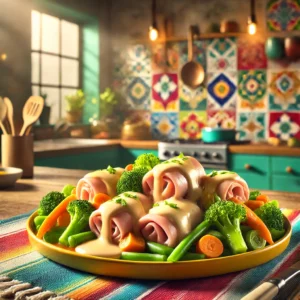 Casselerribrolletjes met groenten en ham-kaassaus, geserveerd op een kleurrijk bord in een moderne, vrolijke Mexicaanse keuken. De keuken heeft felgekleurde tegels en houten keukengerei op de achtergrond, met een zonnige en frisse sfeer.