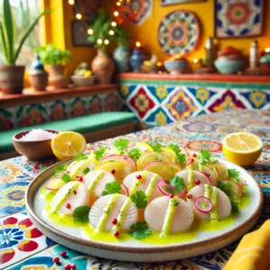Citroen-carpaccio van sint-jakobsschelpen, dun gesneden en gedrapeerd op een kleurrijk Mexicaans bord, besprenkeld met citroendressing, roze peperbolletjes, grof zeezout en verse koriander, in een Mexicaanse keuken met kleurrijke tegels en terracotta accenten.
