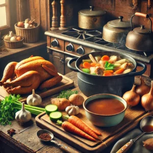 Een rustieke keuken met een pan huisgemaakte bruine fond die zachtjes suddert op het fornuis. Op een houten snijplank liggen gesneden groenten zoals wortelen, uien, selderij en knoflook, samen met geroosterde kipkarkassen. Een soeplepel en een schaaltje met rijke bruine fond staan klaar voor gebruik. De keuken heeft vintage accenten, met warme houten tinten en natuurlijk licht dat een gezellige en voedzame sfeer benadrukt.