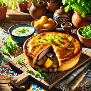 Hartige eendentaart met een goudbruine, knapperige korst gevuld met eendenborst, lever en aardappelen. De taart wordt gepresenteerd op een rustiek houten bord in een Mexicaanse keuken met kleurrijke tegels en helder natuurlijk licht, wat een warme en uitnodigende sfeer creëert.