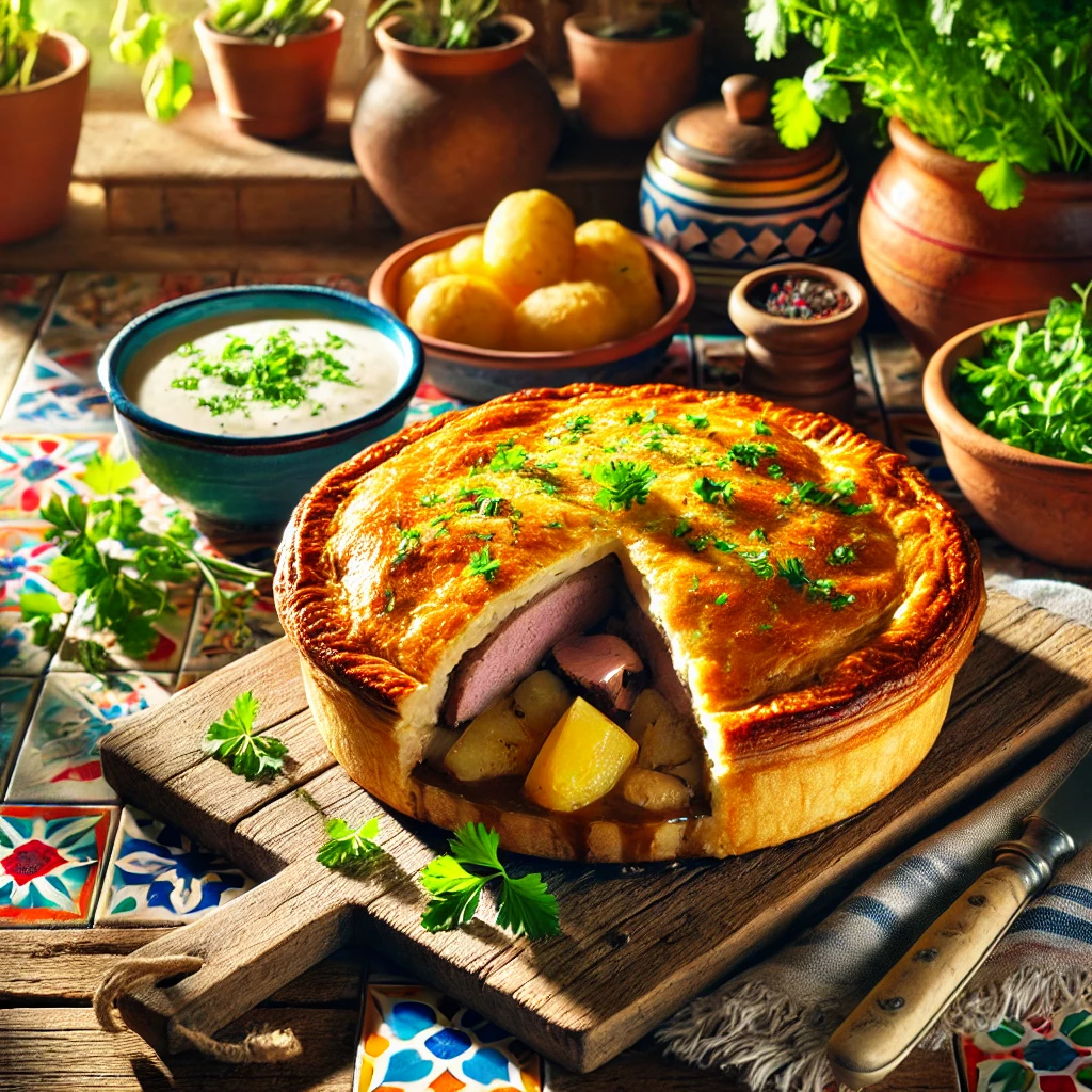 Hartige eendentaart met een goudbruine, knapperige korst gevuld met eendenborst, lever en aardappelen. De taart wordt gepresenteerd op een rustiek houten bord in een Mexicaanse keuken met kleurrijke tegels en helder natuurlijk licht, wat een warme en uitnodigende sfeer creëert.