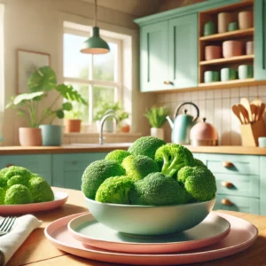 Een frisse en moderne foto van vers bereide magnetronbroccoli, mooi gepresenteerd op kleurrijke borden in een vrolijke, eigentijdse keuken met lichte pastelkleuren, houten aanrecht en groene planten op de achtergrond. De broccoli is aantrekkelijk gearrangeerd met zichtbare roosjes en een lichte garnering, ideaal voor receptweergave.