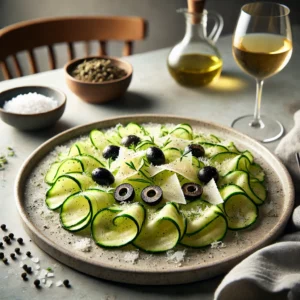 Courgette carpaccio met olijven, Parmezaanse kaas, zeezout en olijfolie, in rustieke keuken.
