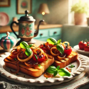 Een bord met geroosterd brood, belegd met gekarameliseerde uien en geroosterde tomaten, gegarneerd met verse basilicumblaadjes. De broodplakjes zijn knapperig en goudbruin, met levendige kleuren van de toppings. Gepresenteerd in een gezellige vintage keuken met pastelkleuren en retro-accenten, verlicht door zacht natuurlijk licht.