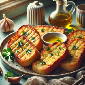 Een bord met gegrild knoflookbrood, besprenkeld met gouden olijfolie en gegarneerd met verse peterselie. De broodplakjes zijn perfect geroosterd met een knapperige rand en goudbruine kleur. Gepresenteerd op een rustieke schaal in een gezellige vintage keuken met pastelkleuren en retro-accenten, verlicht door zacht natuurlijk licht.
