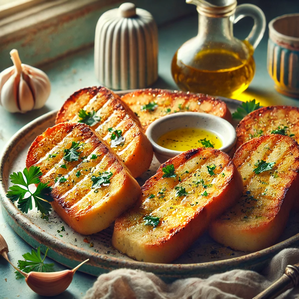 Een bord met gegrild knoflookbrood, besprenkeld met gouden olijfolie en gegarneerd met verse peterselie. De broodplakjes zijn perfect geroosterd met een knapperige rand en goudbruine kleur. Gepresenteerd op een rustieke schaal in een gezellige vintage keuken met pastelkleuren en retro-accenten, verlicht door zacht natuurlijk licht.