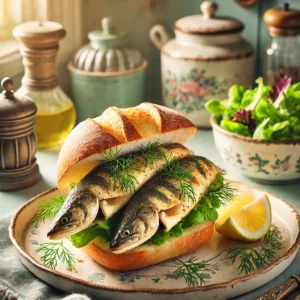 Gegrilde snoekbaarsfilets geserveerd op rustieke broodjes, gegarneerd met verse kruiden zoals dille en een scheutje citroen. Het gerecht wordt aangevuld met een kleine salade van gemengde groenten en gepresenteerd in een gezellige vintage keuken met pastelkleuren en retro-accenten.