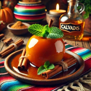 Gekarameliseerde appels met een vleugje Calvados, geserveerd op een rustiek houten bord, gegarneerd met kaneelstokjes en verse muntblaadjes. De setting heeft een warme Mexicaanse sfeer met kleurrijke decoraties en een levendig tafelkleed, wat een uitnodigende presentatie van het dessert creëert