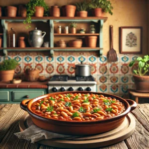 A rustic mixed bean casserole served in a clay dish on a wooden table, featuring a variety of beans in a rich tomato-based sauce with visible herbs and spices. The background showcases a vintage Mediterranean kitchen with pastel-colored tiles, wooden shelves adorned with fresh herbs, and warm ambient lighting.