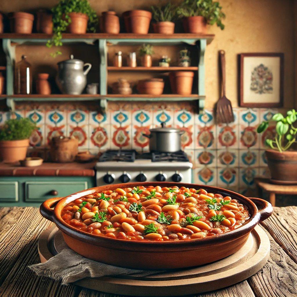A rustic mixed bean casserole served in a clay dish on a wooden table, featuring a variety of beans in a rich tomato-based sauce with visible herbs and spices. The background showcases a vintage Mediterranean kitchen with pastel-colored tiles, wooden shelves adorned with fresh herbs, and warm ambient lighting.